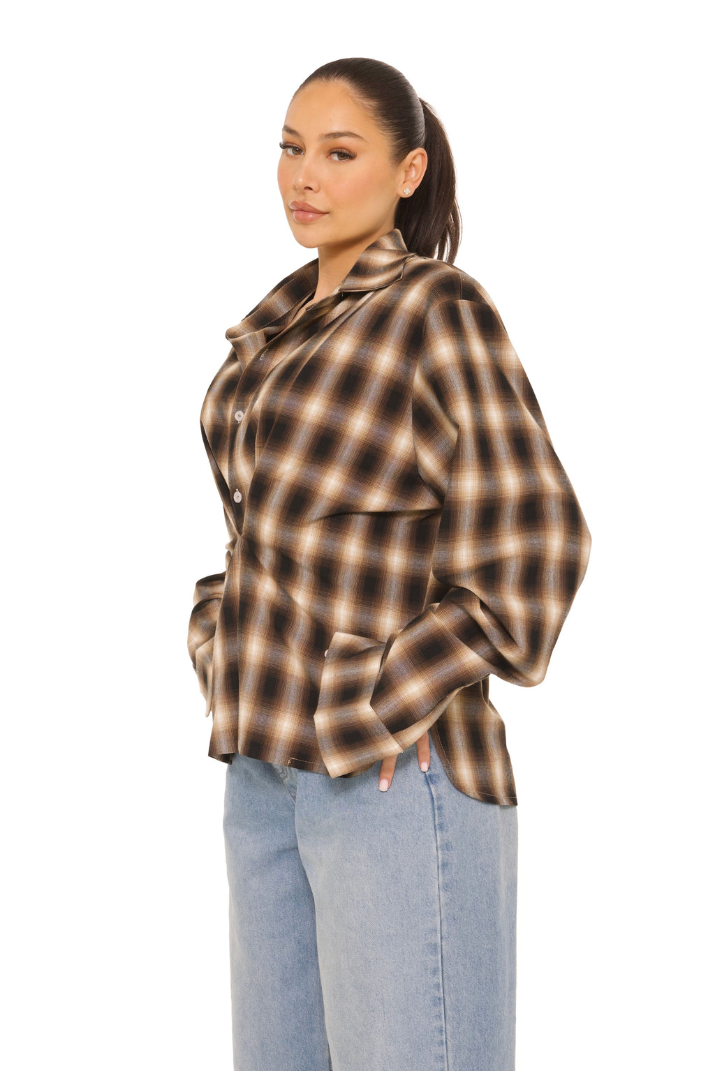 Oversized Checked Blouse Beige