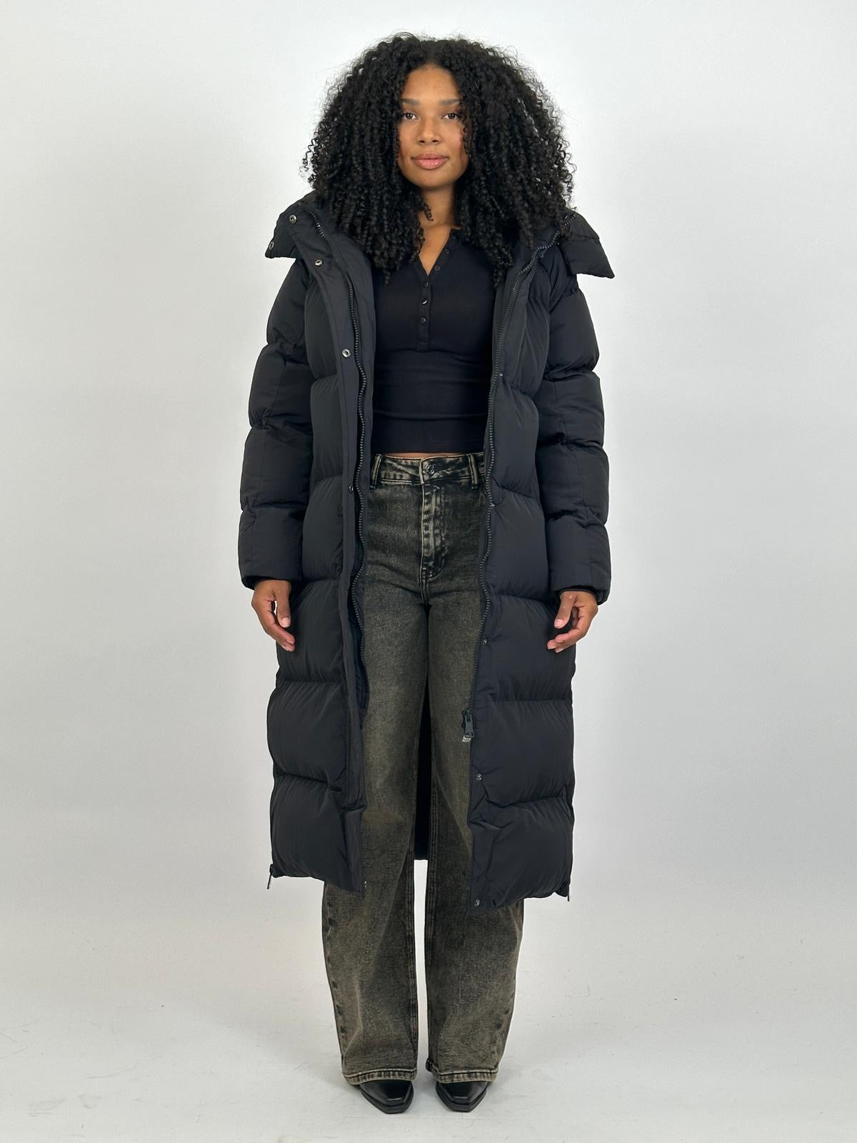 Long Zipper Puffer Coat Black